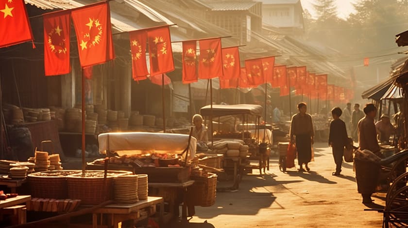 中国の赤い旗がたくさん映った街並み