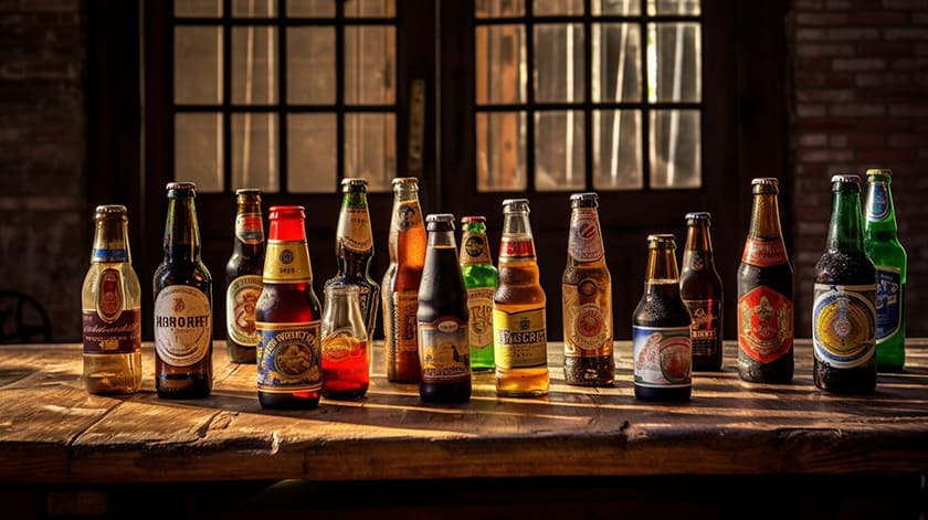 気のテーブルの上に並べられたたくさんのカンボジアビール
