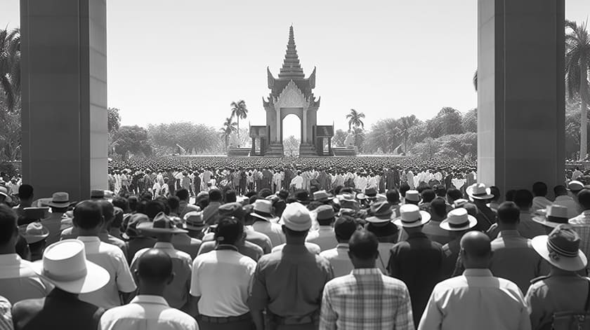 カンボジアの独立記念塔に集まる民衆