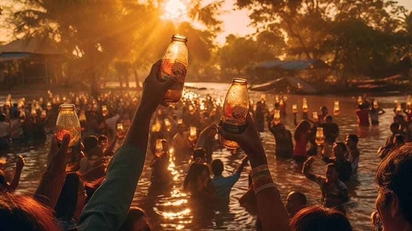 片手にビールを持ったカンボジアの群衆