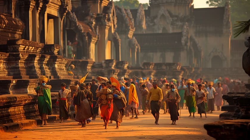 カンボジアの正月で街を歩く人々