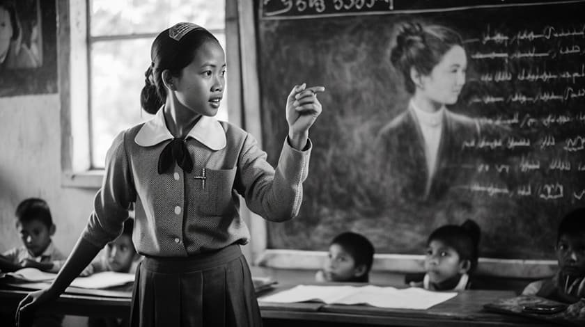 クメール語（カンボジア語）を学習する女の子