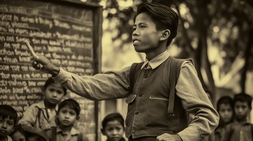 クメール語（カンボジア語）を学習する男の子