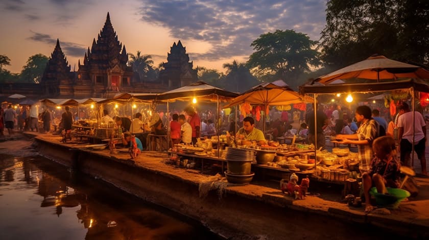 カンボジアの水祭りにならぶ露店