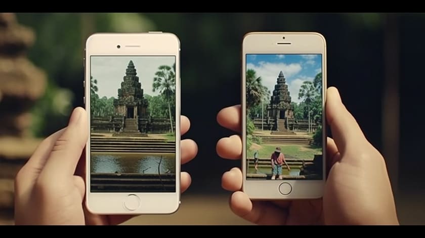 2台のスマホの画面にカンボジアの遺跡が映り込んでいる