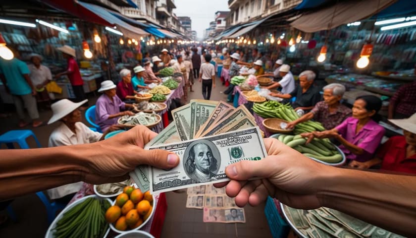 カンボジアの市場でドルを交換している