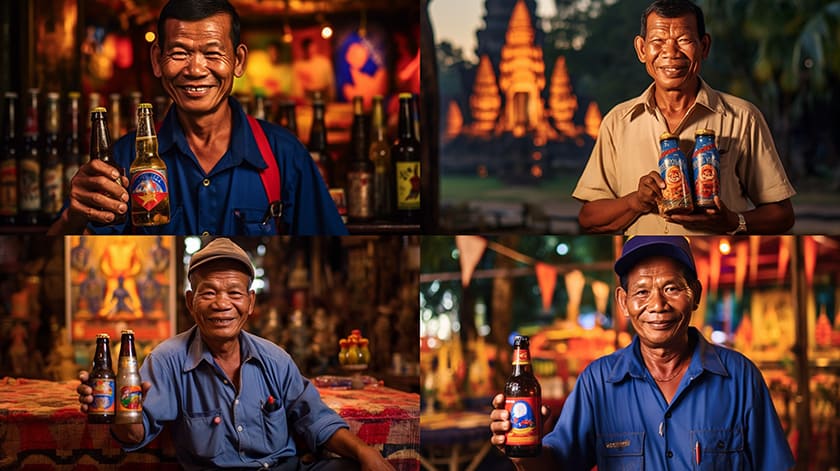 カンボジアのビールを手に持った男たち
