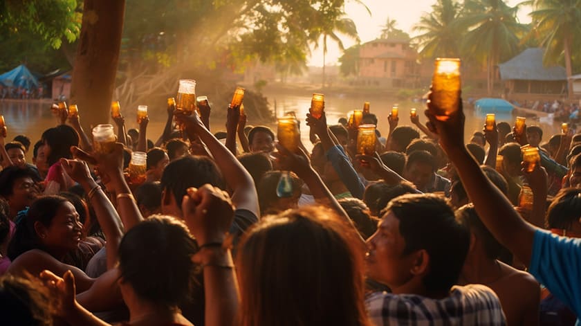 ビールを片手に盛り上がっているカンボジアの群衆