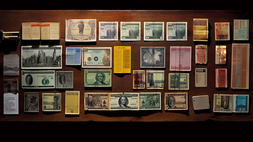 机の上にいろいろな紙幣が並べられている